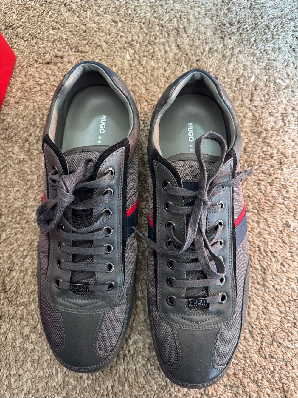 Hugo Boss Gray Sneakers with Red and Navy Stripe Accents